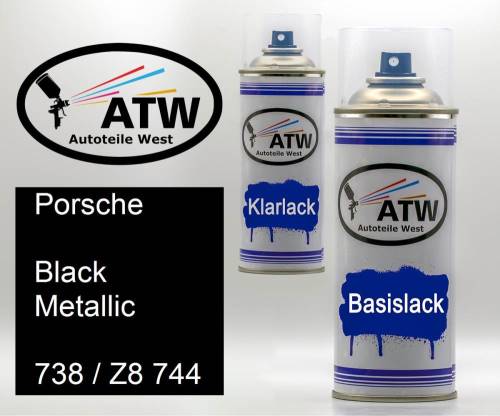 Porsche, Black Metallic, 738 / Z8 744: 400ml Sprühdose + 400ml Klarlack - Set, von ATW Autoteile West.
